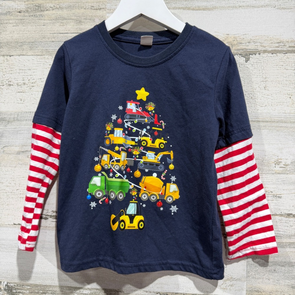 Construction Christmas Tree Shirt Boys 4T Navy Striped Holiday EUC